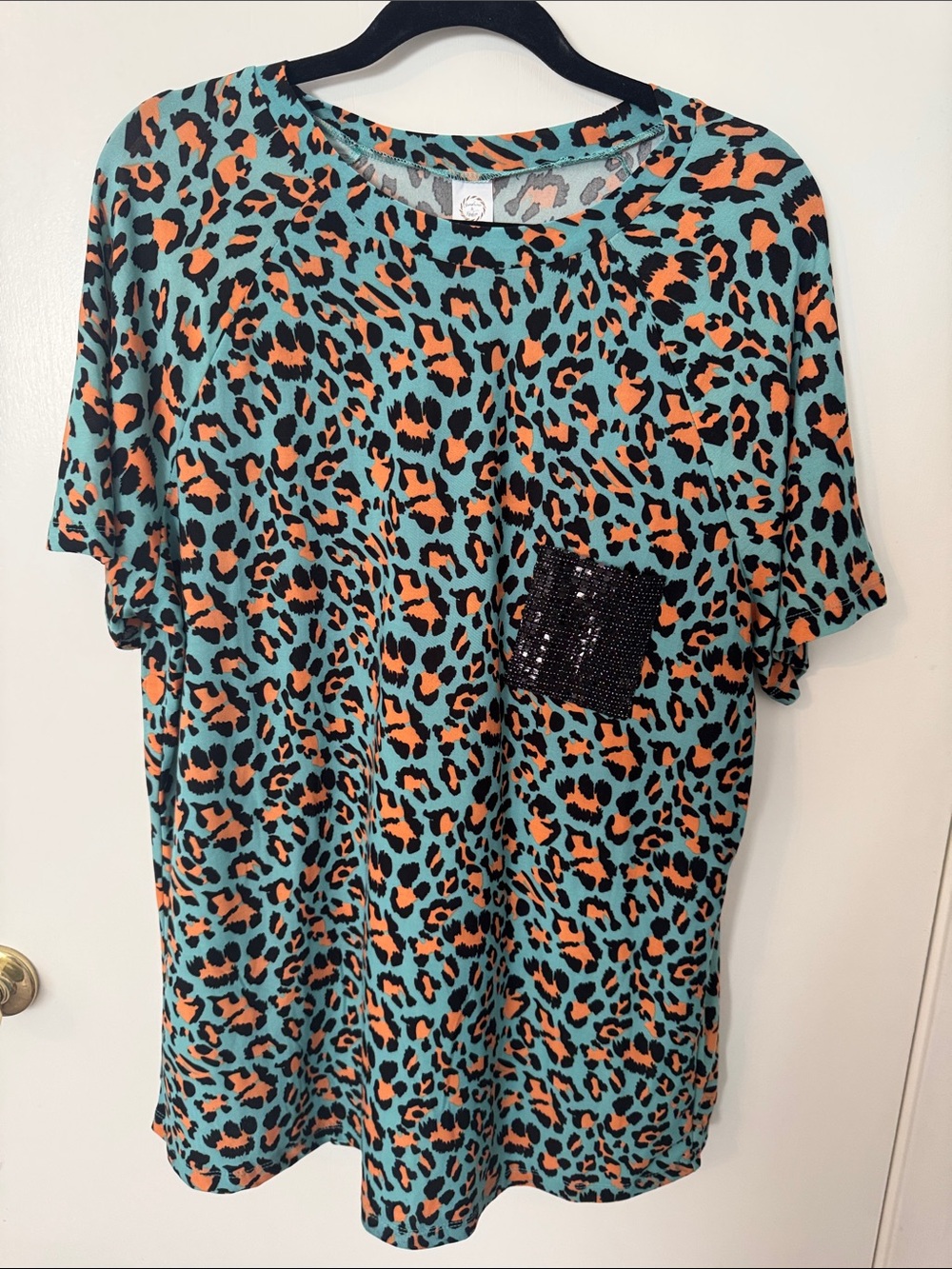 Turquoise & Orange Leopard Print Tee with Sequin Pocket - Sunshine & Rodeos plus